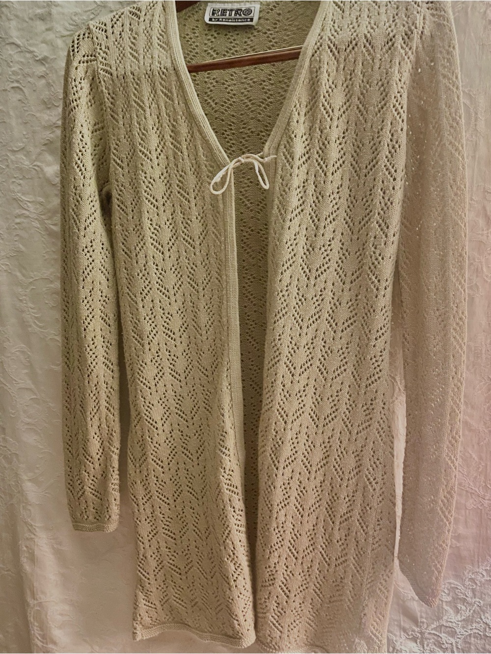 Retro by Renaissance Cream Openwork Long Tie-Front Cardigan Size-Medium